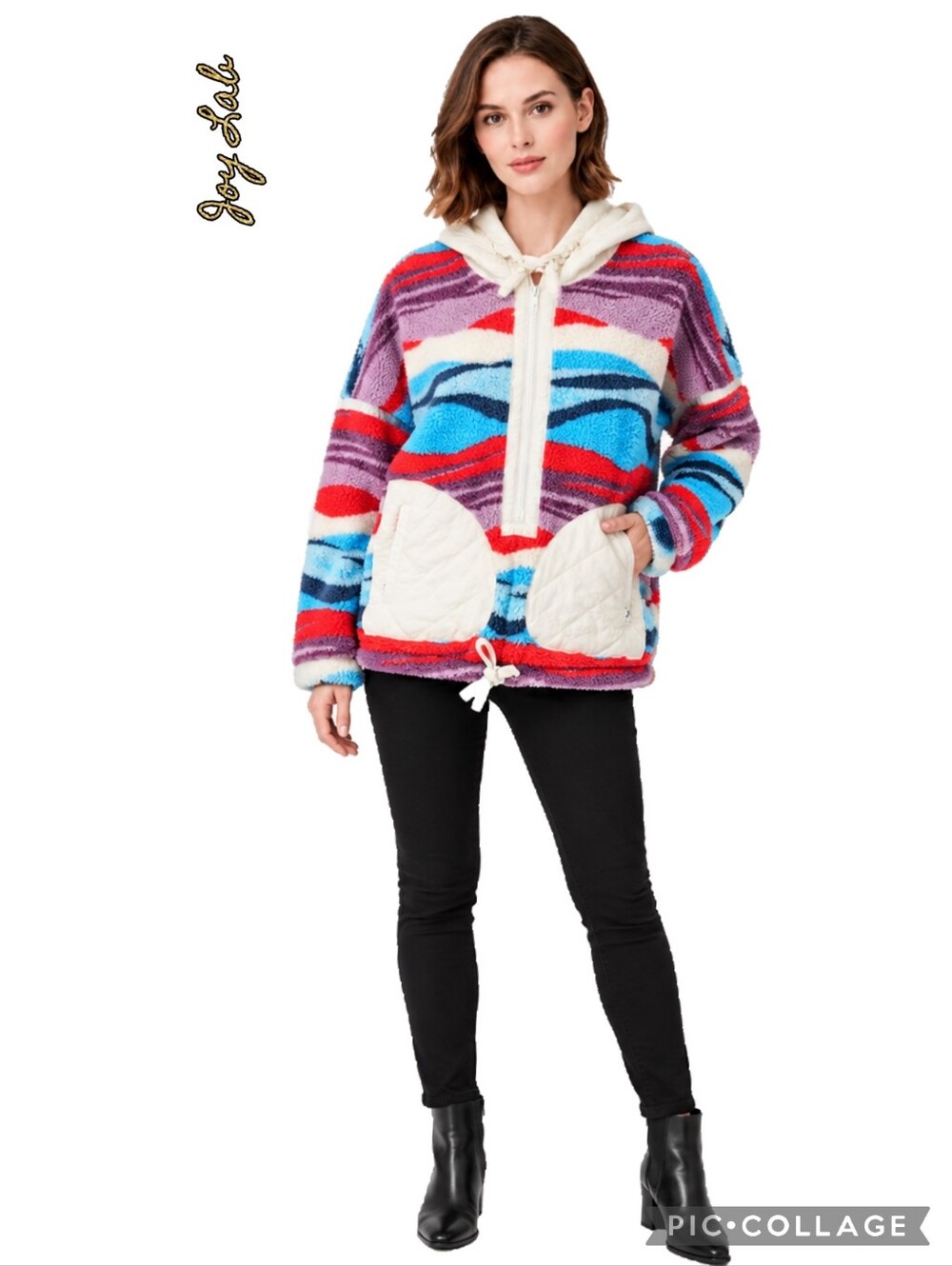 JoyLab hoodie multicolor sherpa half-zip, white accents, lrg pockets double ties